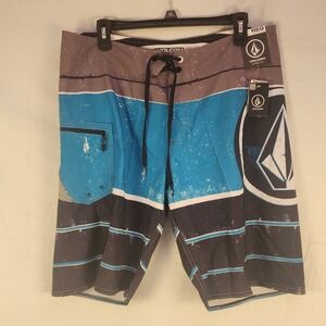 Vintage Volcom Men's 34 Striped Board Shorts Blue Black Gray Y2K Cinch Fly Surf